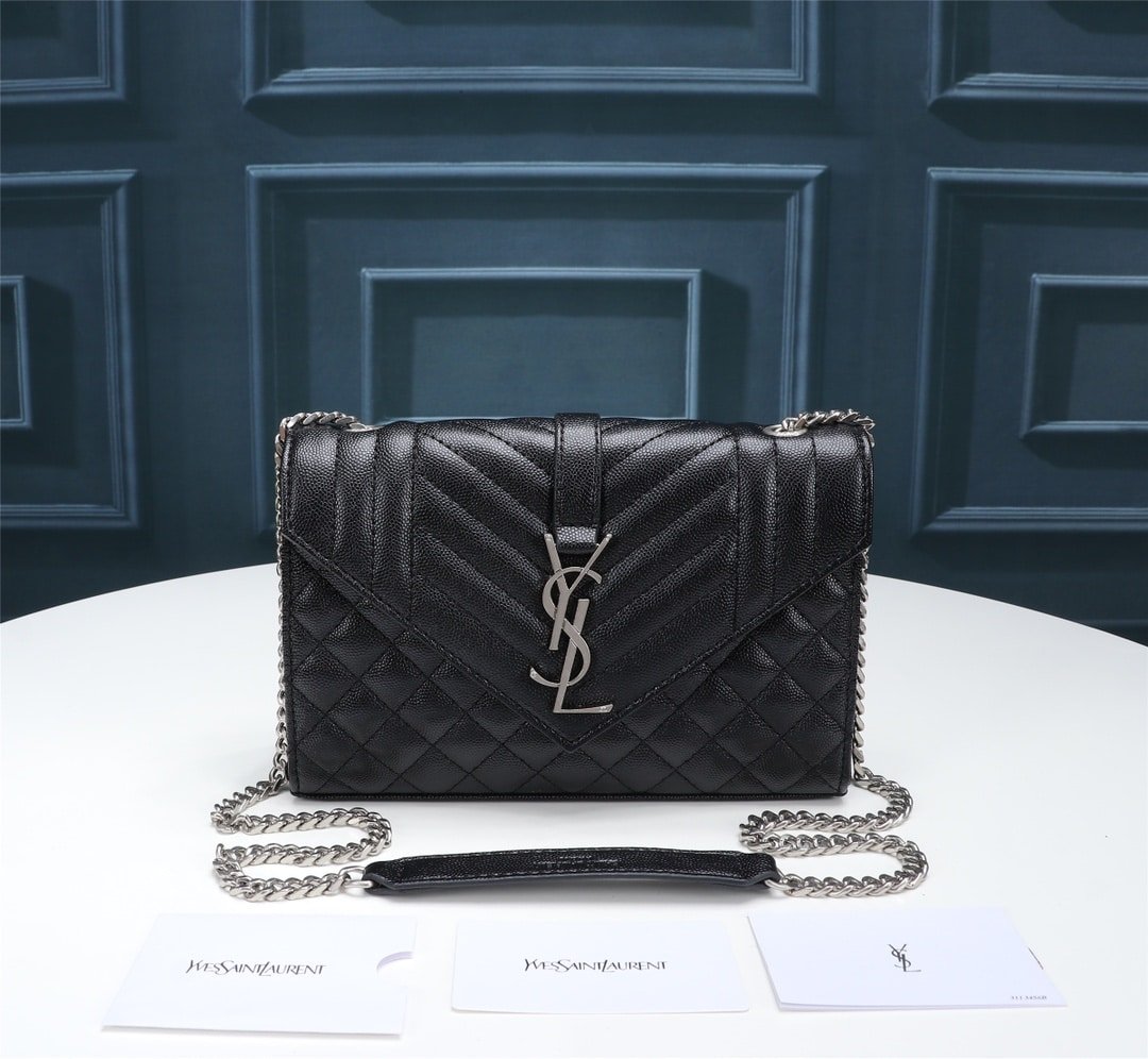 Sa1nt Lau*nt Envelope Small Bag In Mix Matelassé Grain De Poudre Embossed Black Silver 21Cm 600195Bow921000