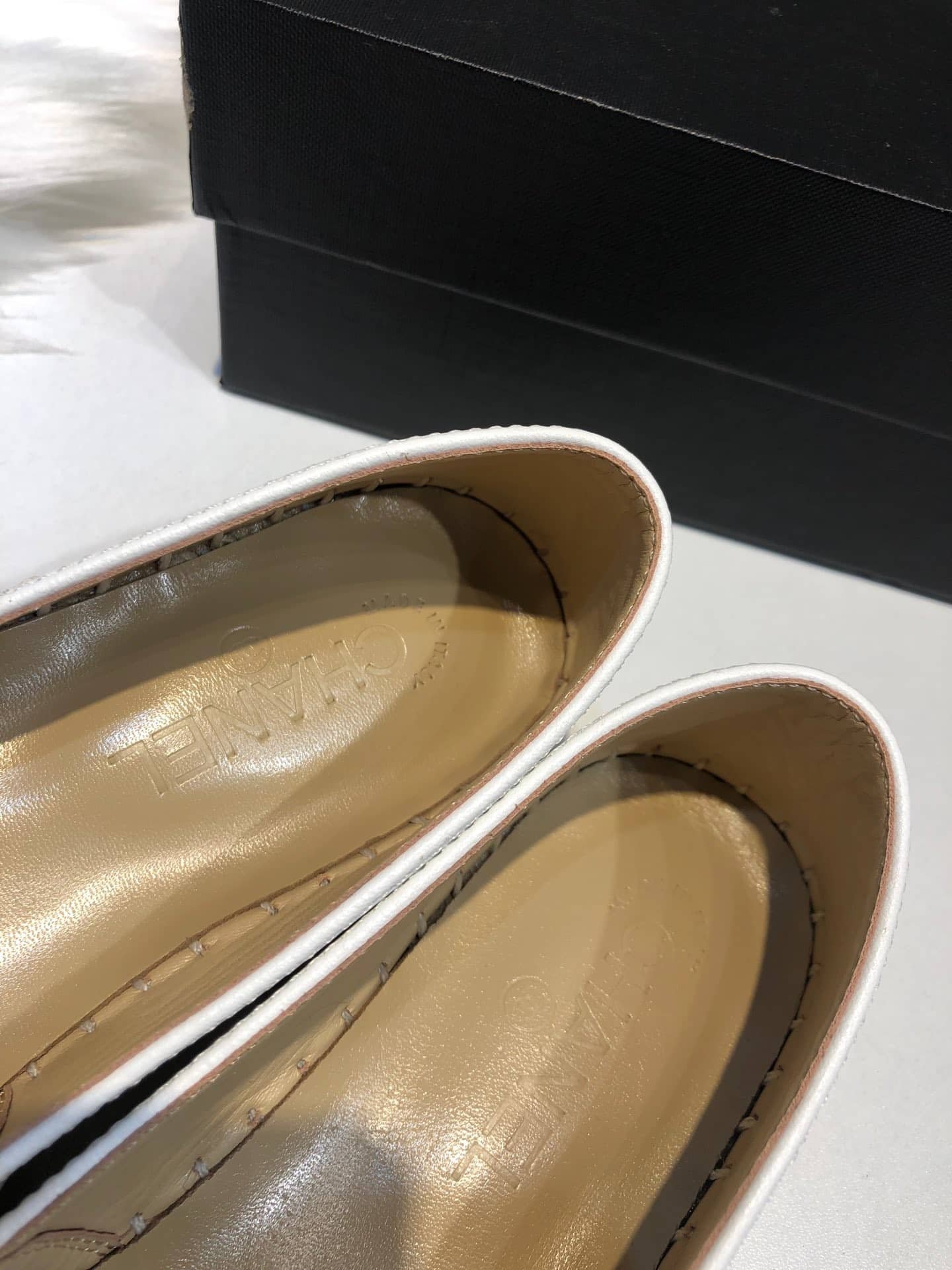 Ch**el Embroidered Espadrille Leather Cap Toe Flats White