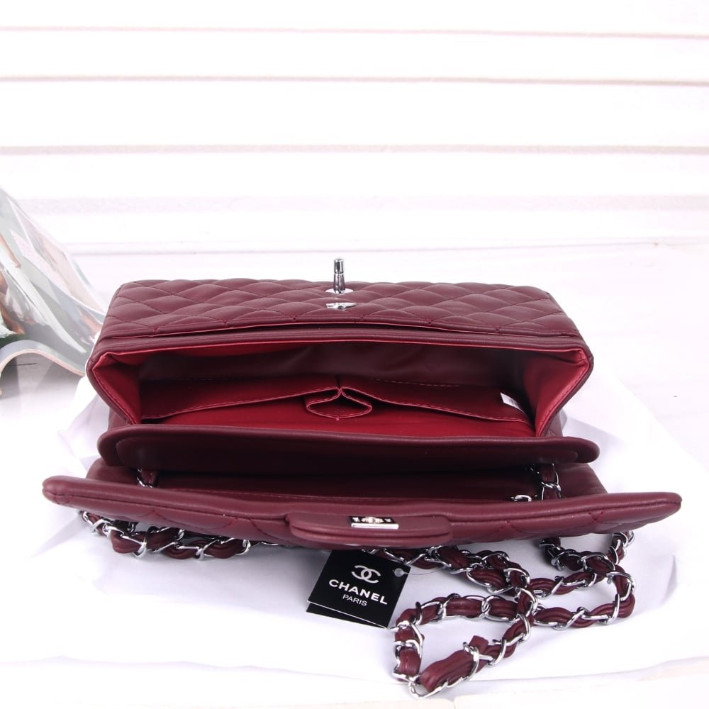 Ch**el Medium Classic Double Flap Burgundy Silver Hardware 27Cm