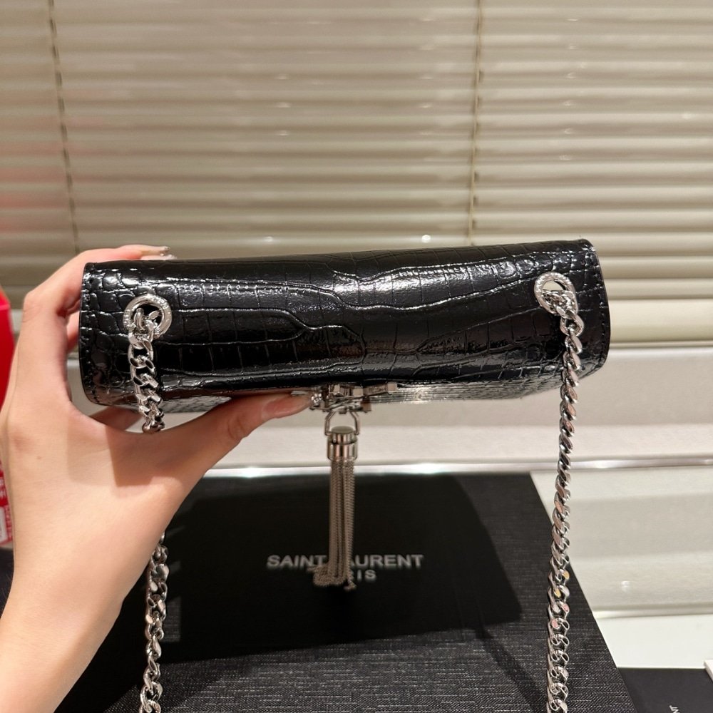 Sa1nt Lau*nt Kate Small Tassel In Crocodile Embossed Leather Silver Black 19Cm 474366Dnd0N1000
