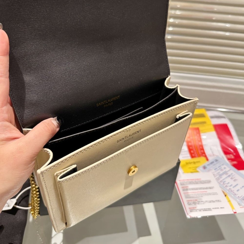 Sa1nt Lau*nt Sunset Medium Chain Bag In Smooth Leather Bag Beige Black 22Cm 442906D42Ew1089