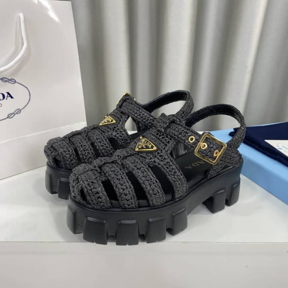 Pra*a Monolith Crochet Cage Sandals Black 1X138N 3L8W F0002 F 055