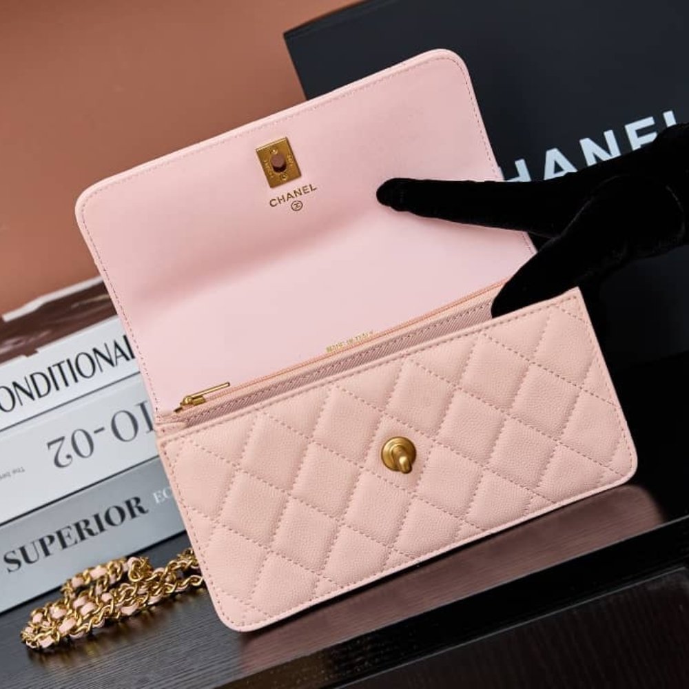[S*per Vip 1:1] Ch**el Wallet On Chain Light Pink With Gold Tone Metal 18Cm Ap4938 B22654 Nh620