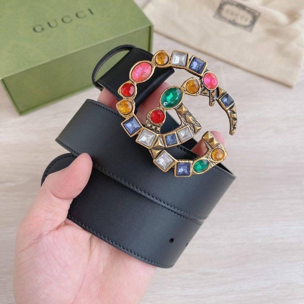 Gvc*1 Leather Belt With Crystal Double G Buckle 513183 Ap0It 1093