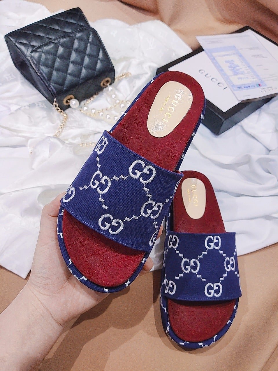 Gvc*1 Women’S With Gg Pattern Slide Sandal Dark Blue