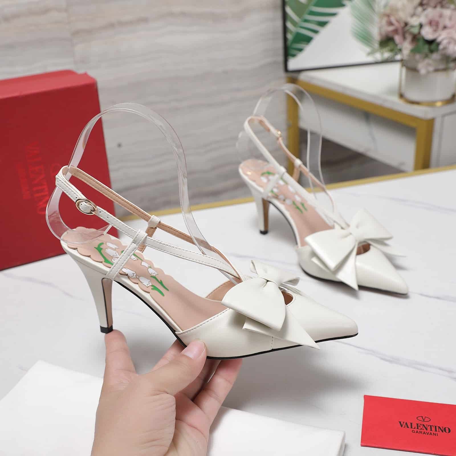 Va1e*ntin0 Bowow Slingback Pumps White 7W2S0Mx5Ddt 098