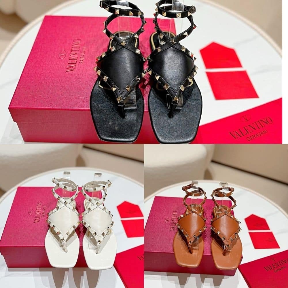 Va1e*ntin0 Garavani Rockstud Thong Sandals Light Ivory