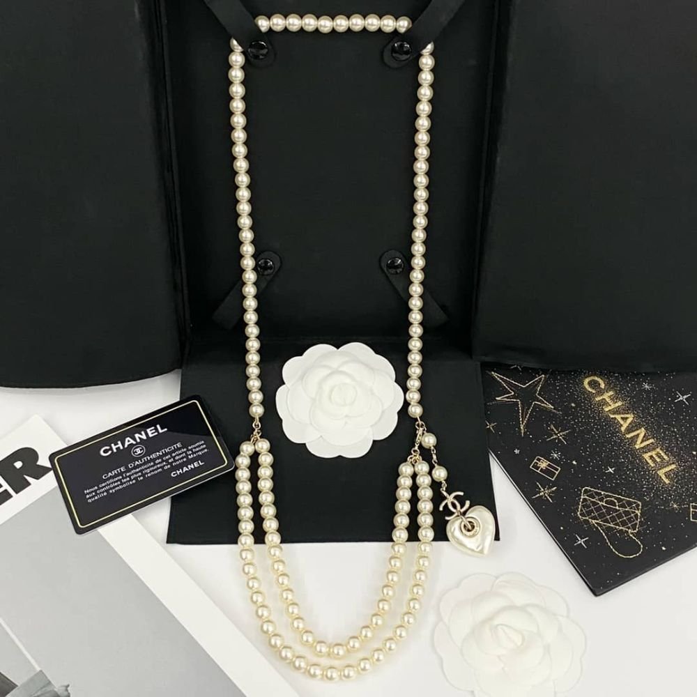 Ch**el Double Strand Pearl Necklace with Heart Shaped Charm