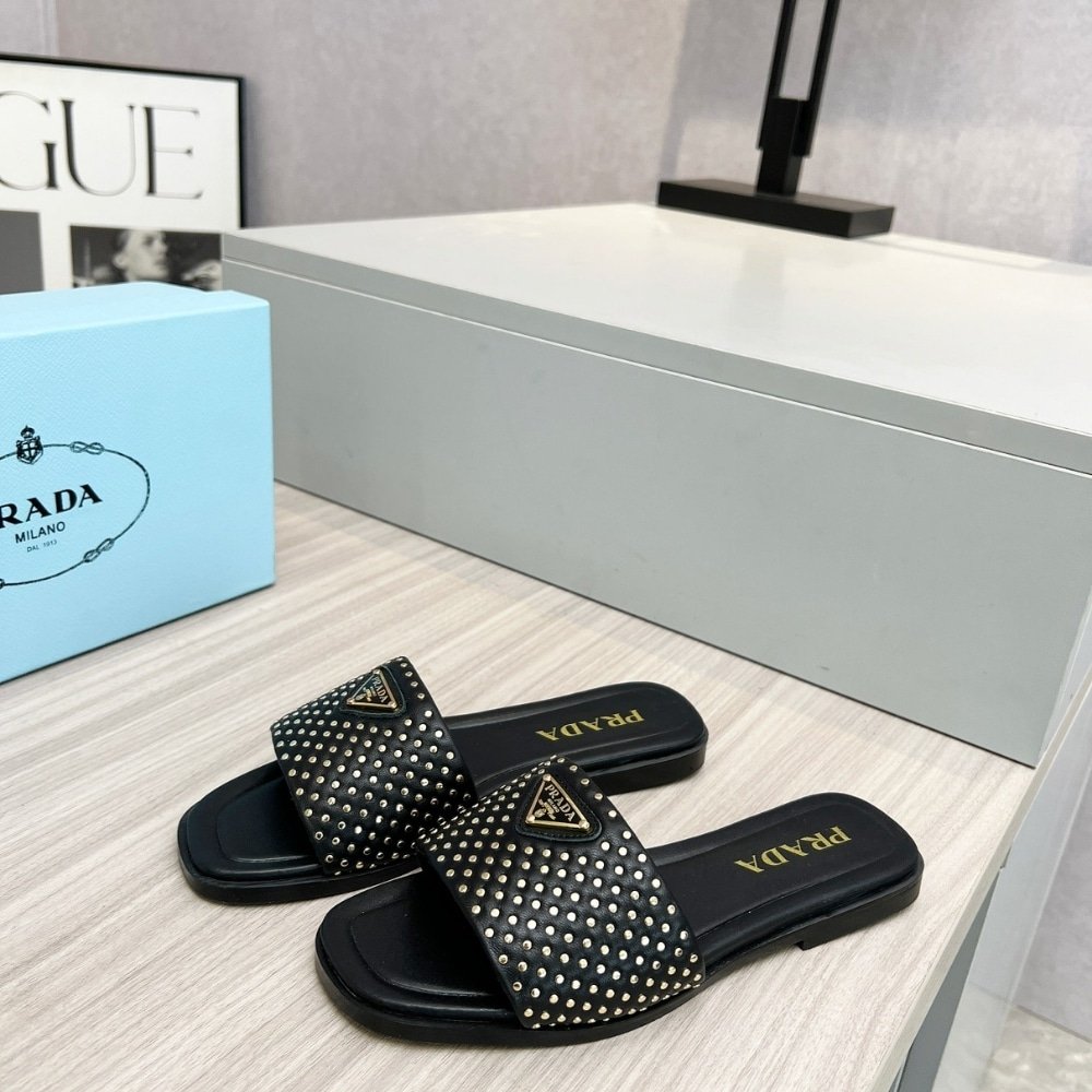 Pra*a Nappa Leather Slides With Studs Black 1Xx760 Zhp F0002 F 010