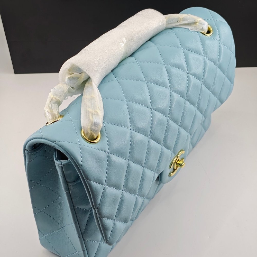 Ch**el Classic 11.12 Handbag Gold Tone Metal Light Blue 30Cm