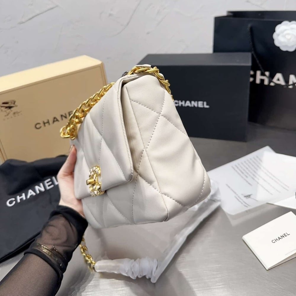 Ch**el 19 Flap Bag Shiny Gold And Silver Tone White 26Cm As1161 B04852 10601