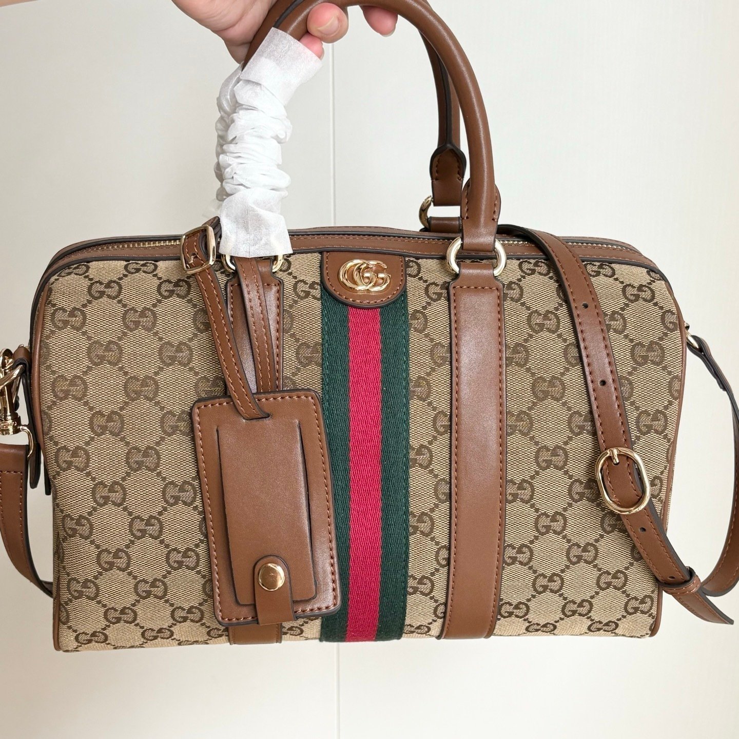 Gvc*1 Ophidia Medium Boston Bag Beige And Brown GG Canvas 30Cm ‎857595 FAFUF 9870
