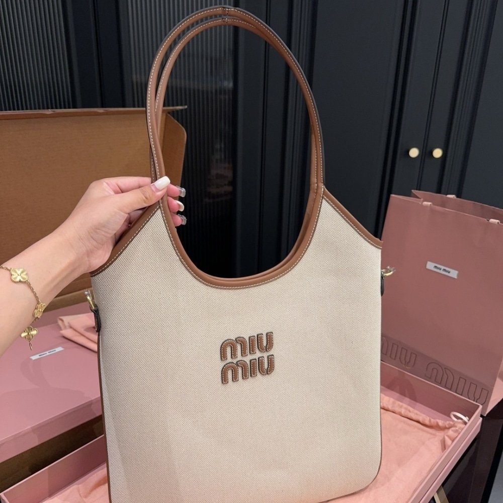 M1um1u Ivy Canvas Bag Beige And Brandy 35Cm 5Bg231 Acrn F062F V Mlf