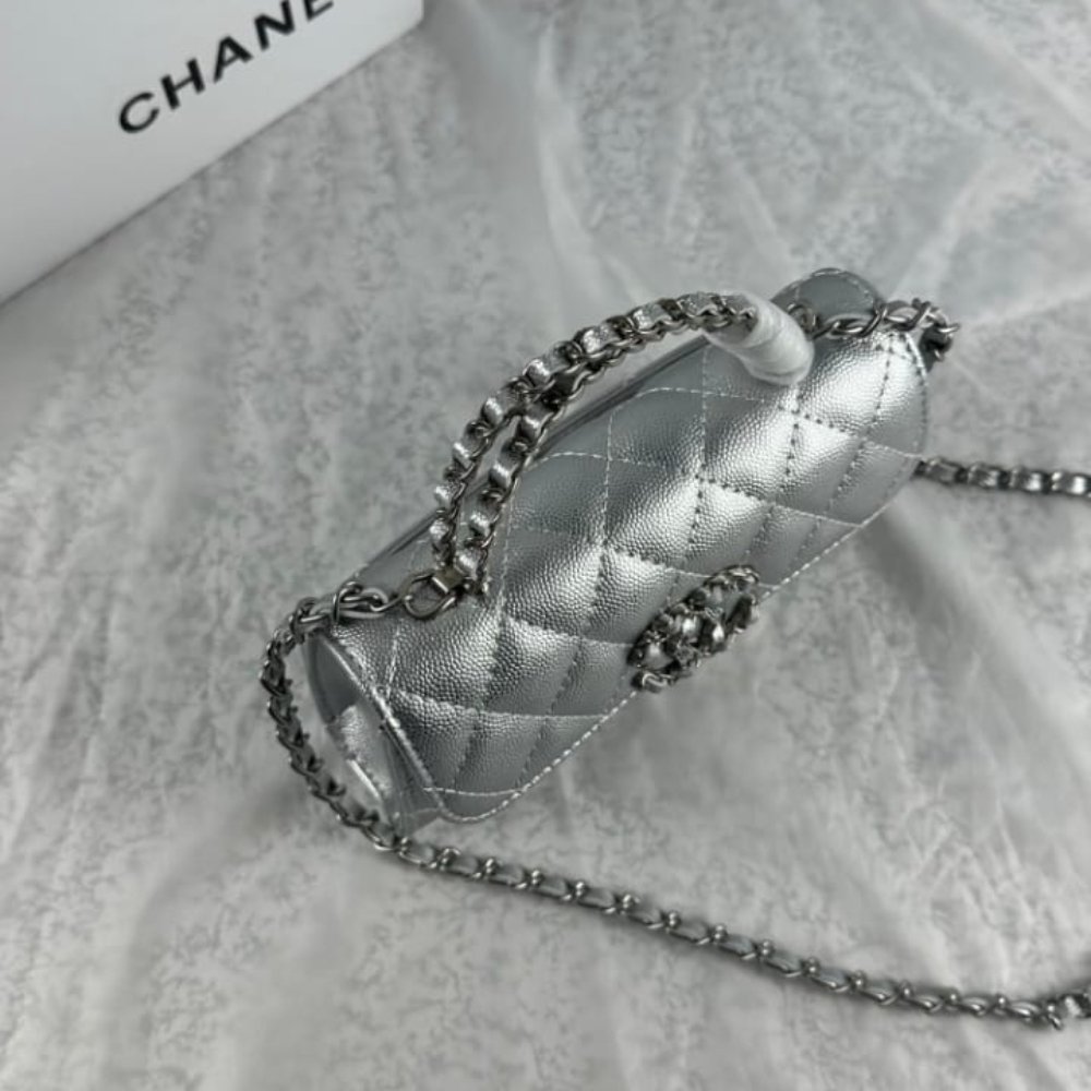 Ch**el 23P Clutch With Chain Bag Grained Leather Silver 18cm