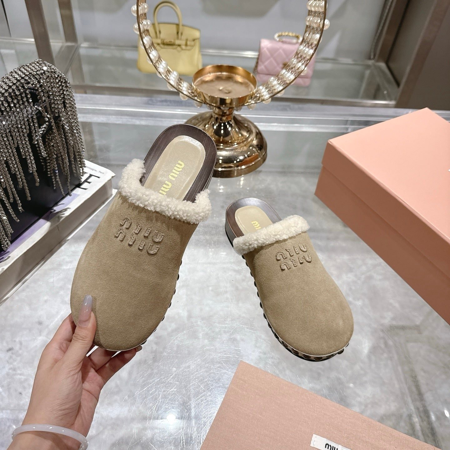 M1um1u Suede Clogs Beige