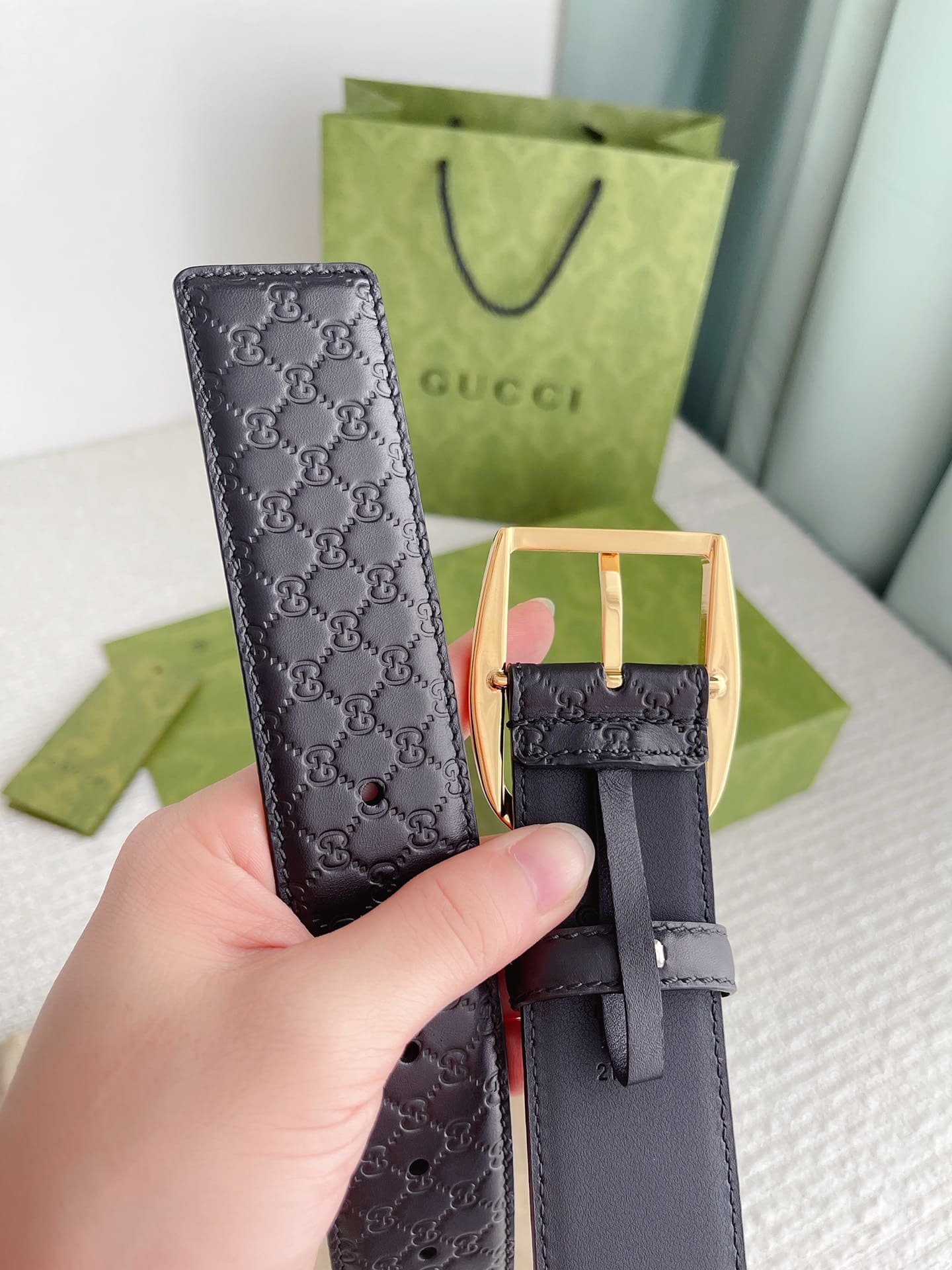 Gvc*1 Calfskin Monogram Black Belt Gold Metal 4Cm