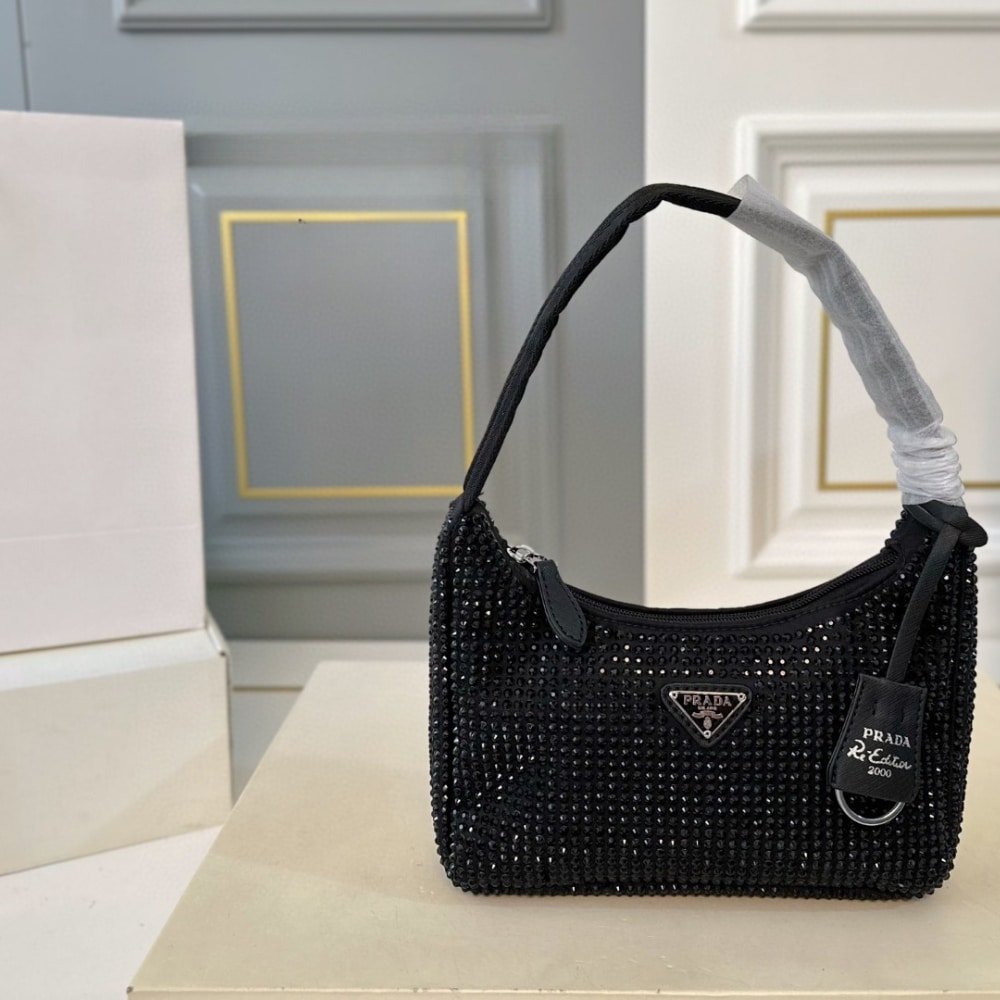 Pra*a Re Edition Satin Mini Bag With Crystals Black 21Cm 1Bc515 2Awl F0002 V Ooo