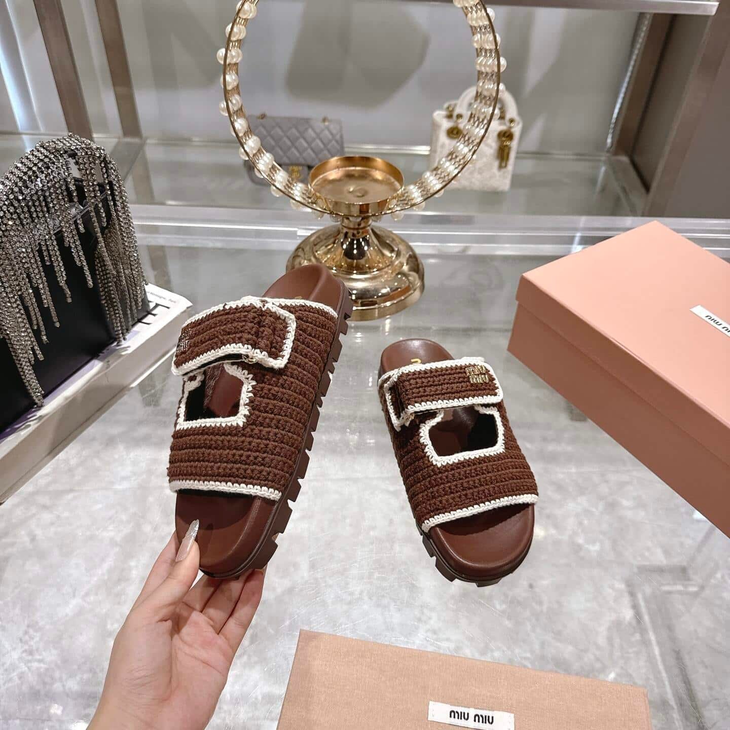 M1um1u Crochet Knit Slides Brown 5Xx641 2Cq2 F0Cms F 010
