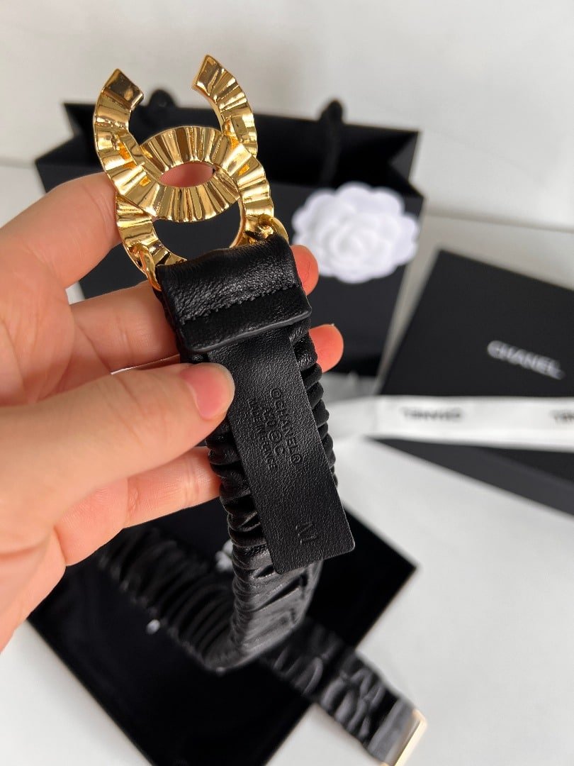 Ch**el Women’S Belt With Elastic Cowhide Encrusted Gold 30Mm