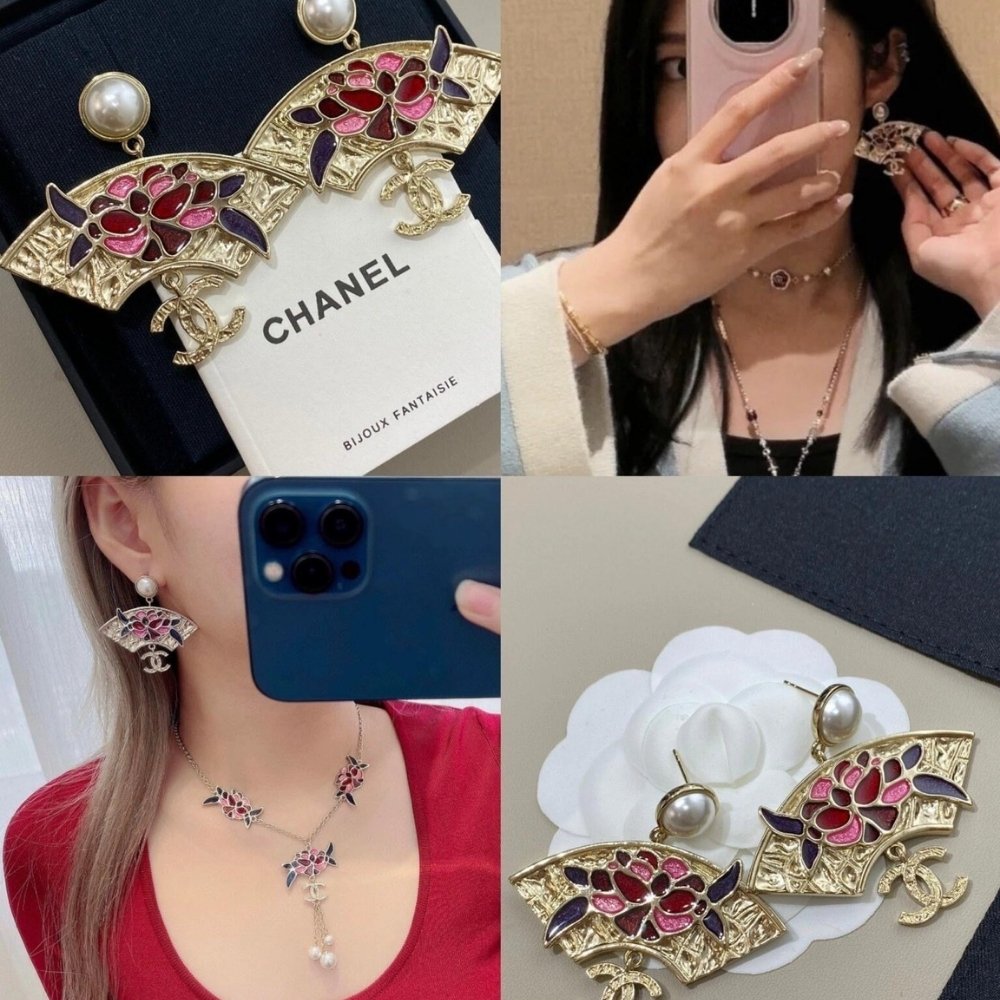 Ch**el Fan Floral Enamel Pearl Drop Earrings Multicolour Abf930 B21130 U2139