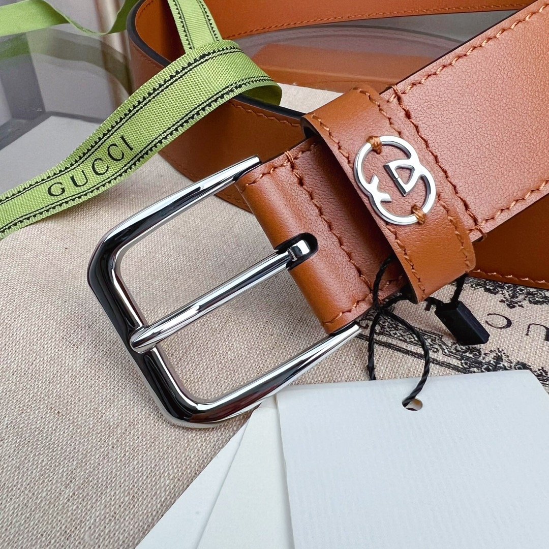 Gvc*1 Belt With Square Buckle And Interlocking G Silver Metal Brown 35Mm