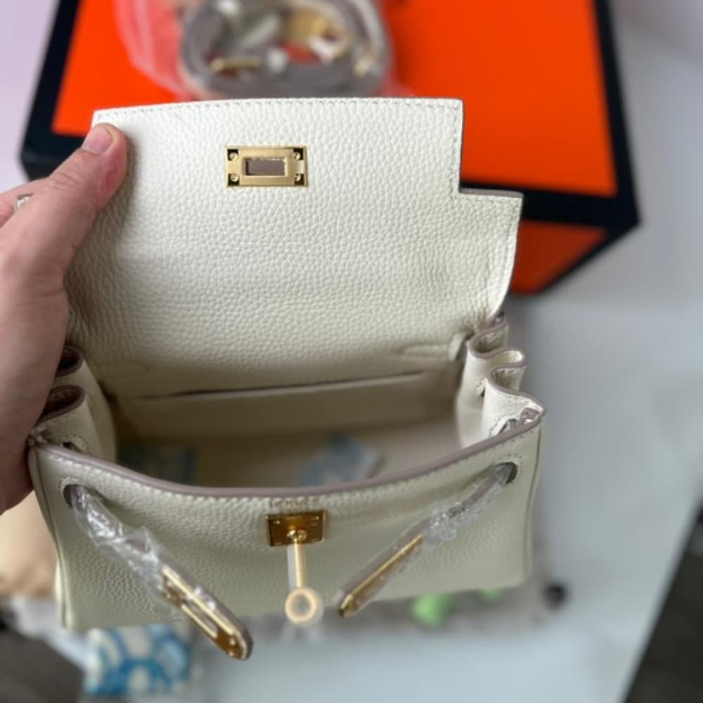 H**me5 Mini Kelly Bag Epsom White Gold Hardware 20Cm