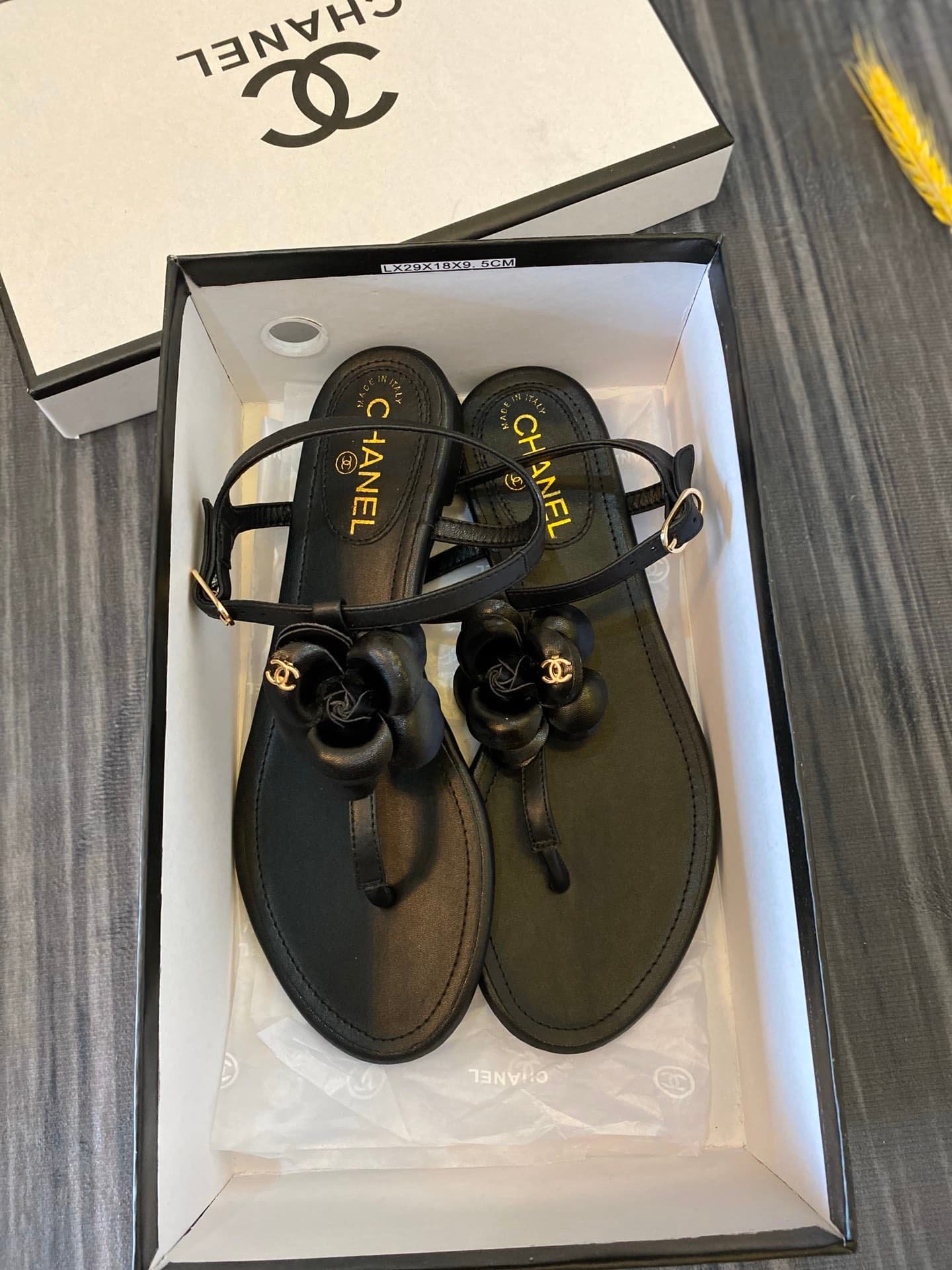 Ch**el Jelly Black Rubber Camellia Sandals Black