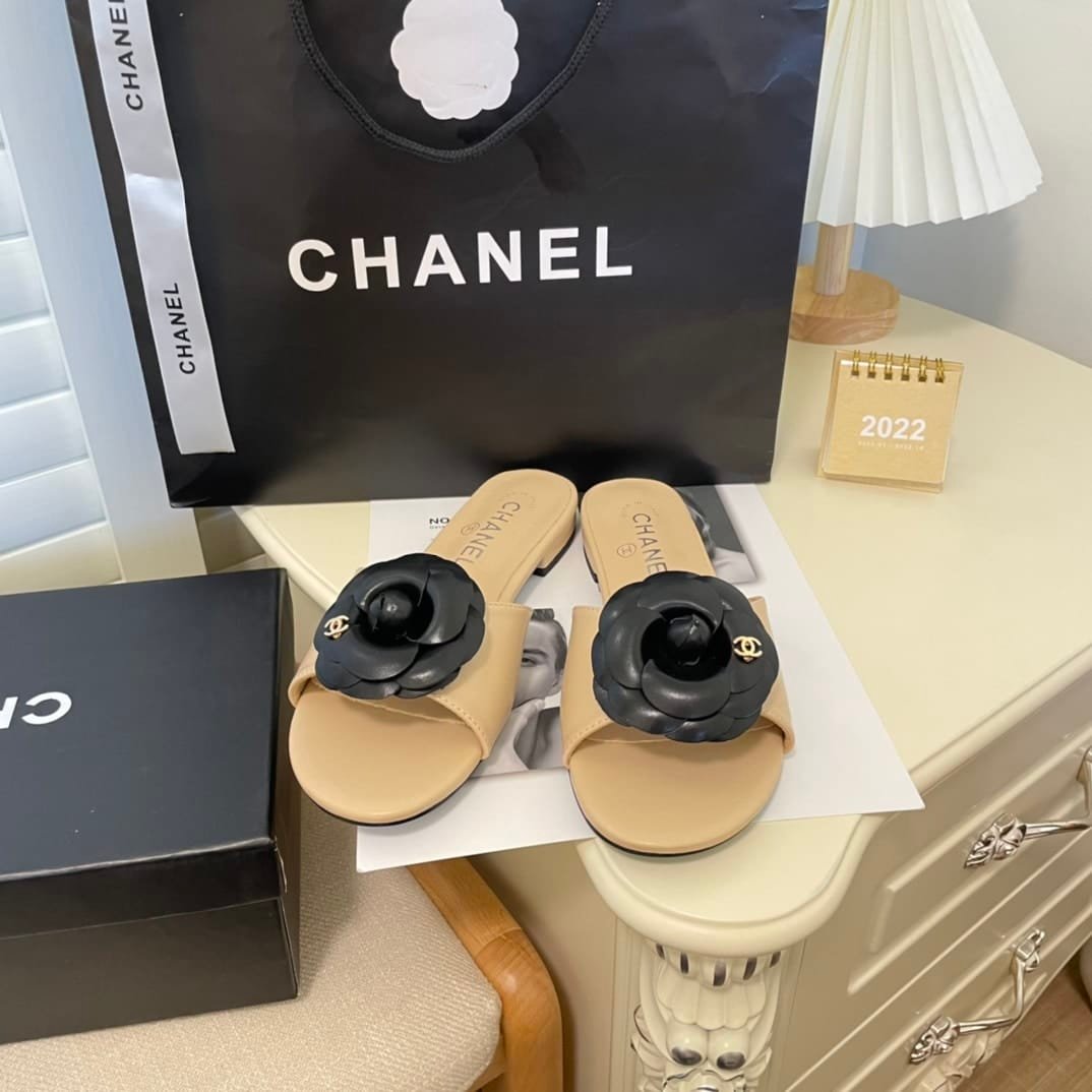 Ch**el Black Camellia Slides Beige