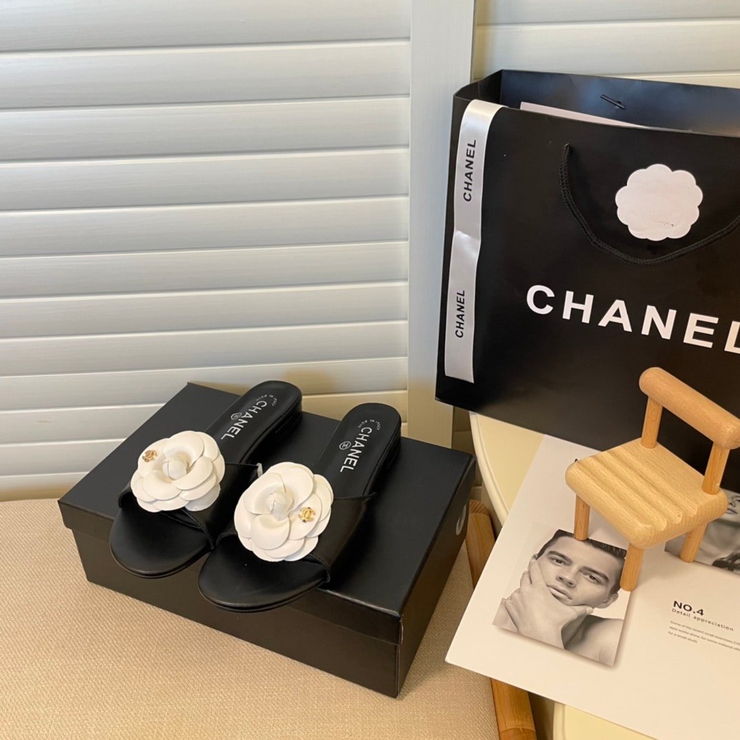 Ch**el White Camellia Slides Black