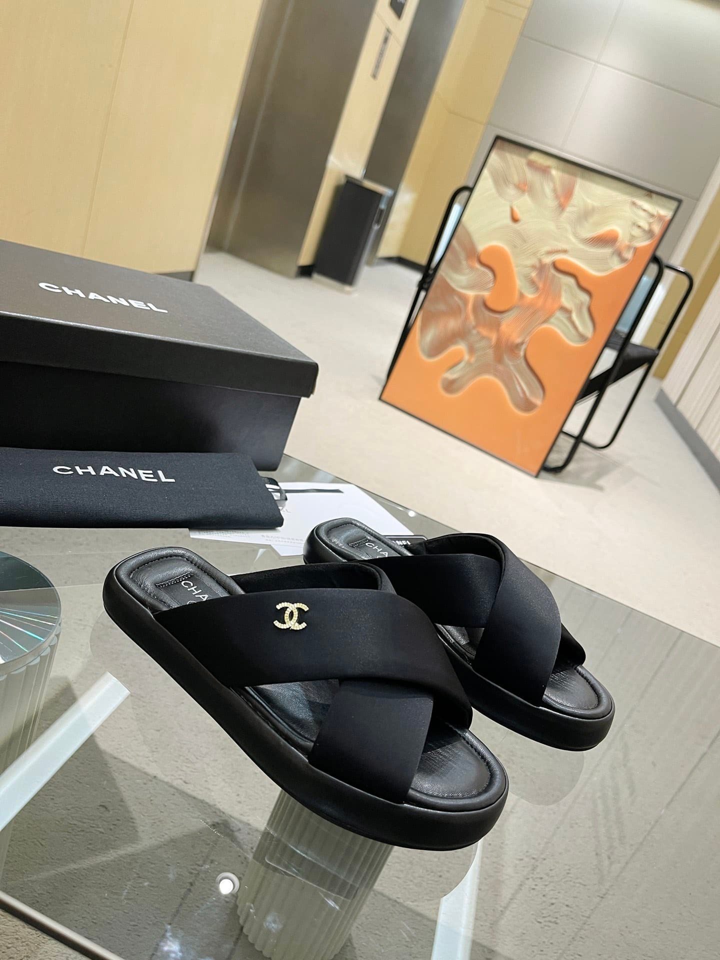 Ch**el Cc Logo Criss Cross Slides Black
