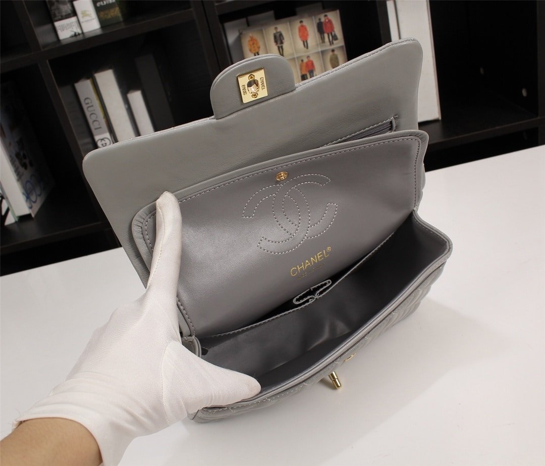 Ch**el Classic Flap Gray Gold Hardware 25Cm