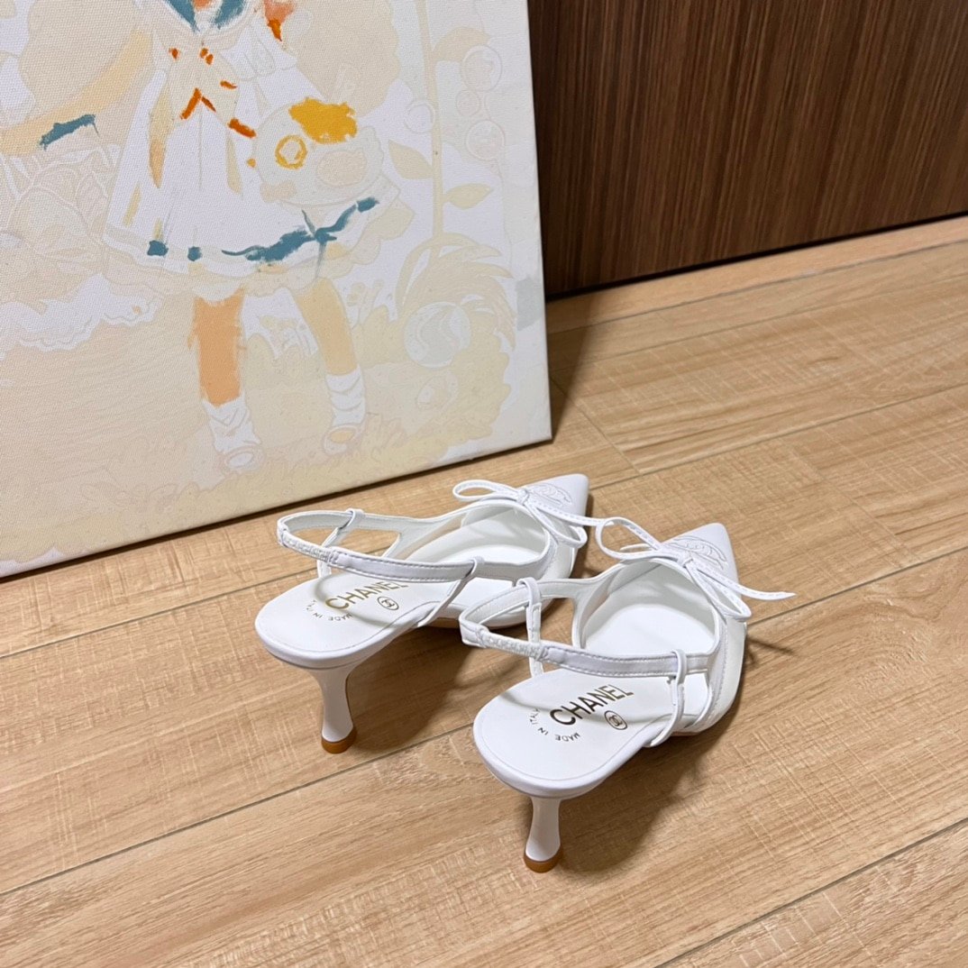Ch**el Cc Leather Pointy Toe Pumps Slingbacks Sandals White