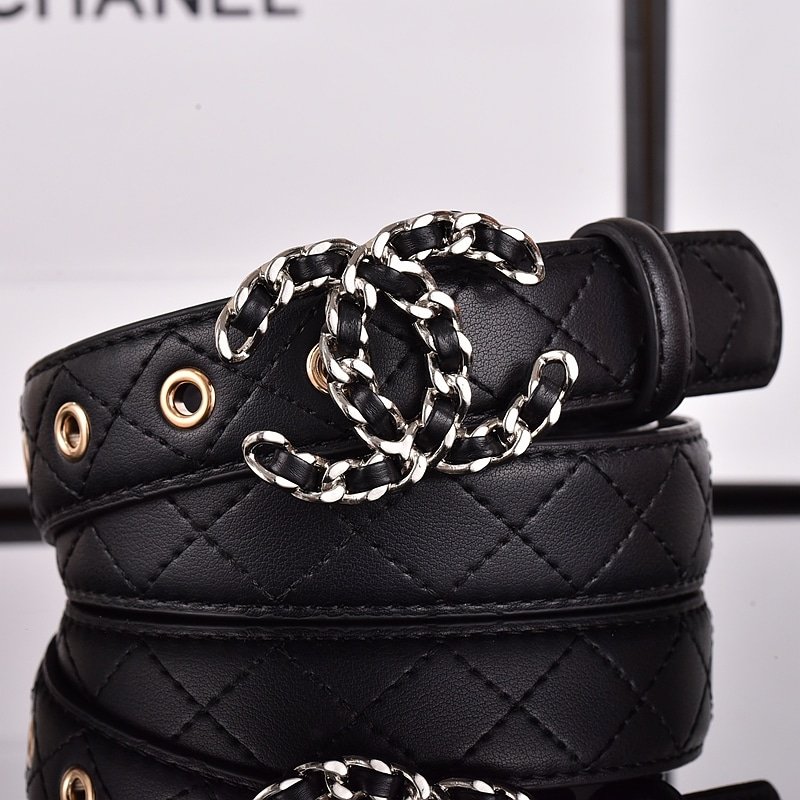 Ch**el Cc Belt Silver Chain And Black Leather 28Mm
