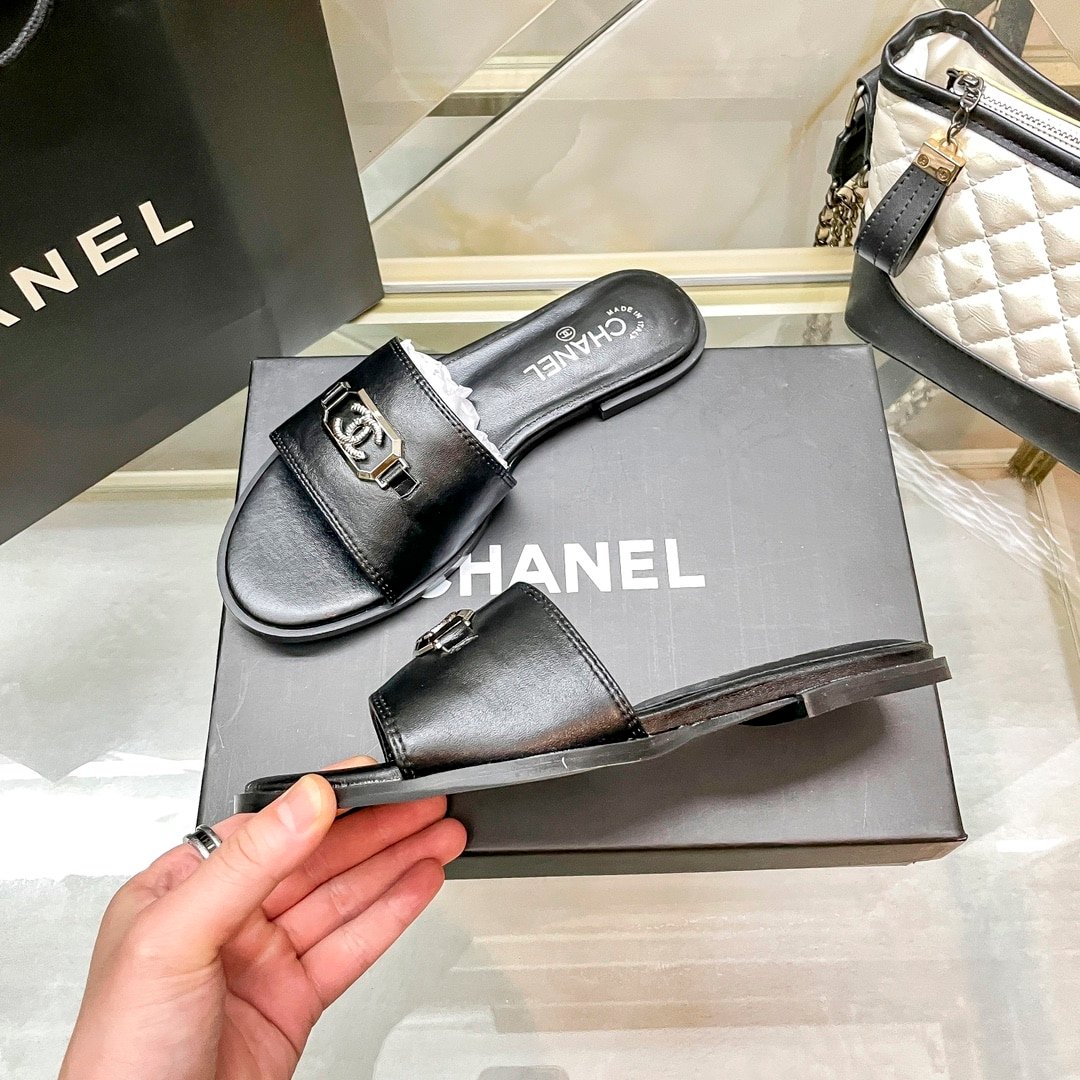 Ch**el Slippers With Cc Silver Hardware Black G45172 B13906 Nq961