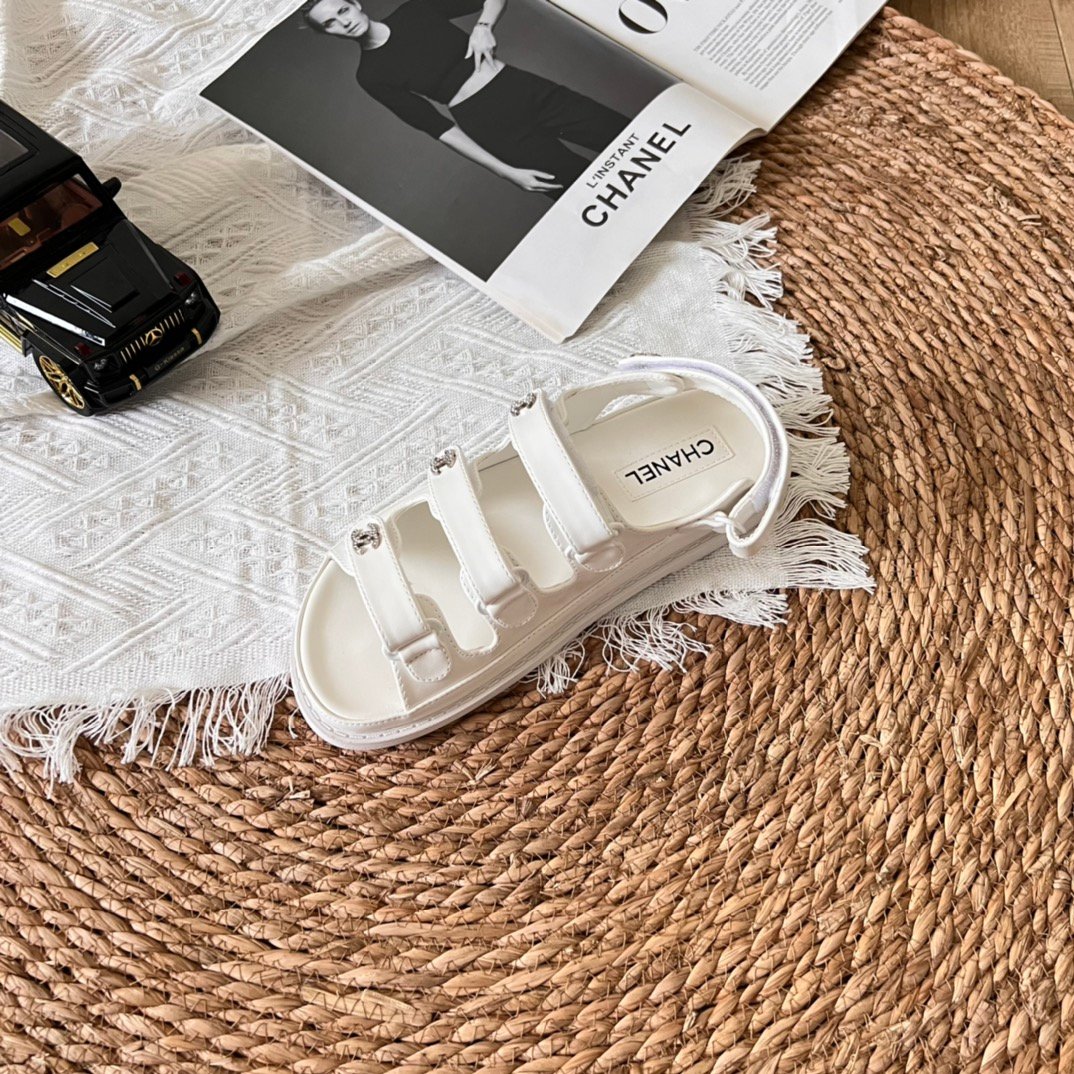 Ch**el Triple Velcro Strap Sandals White G45628