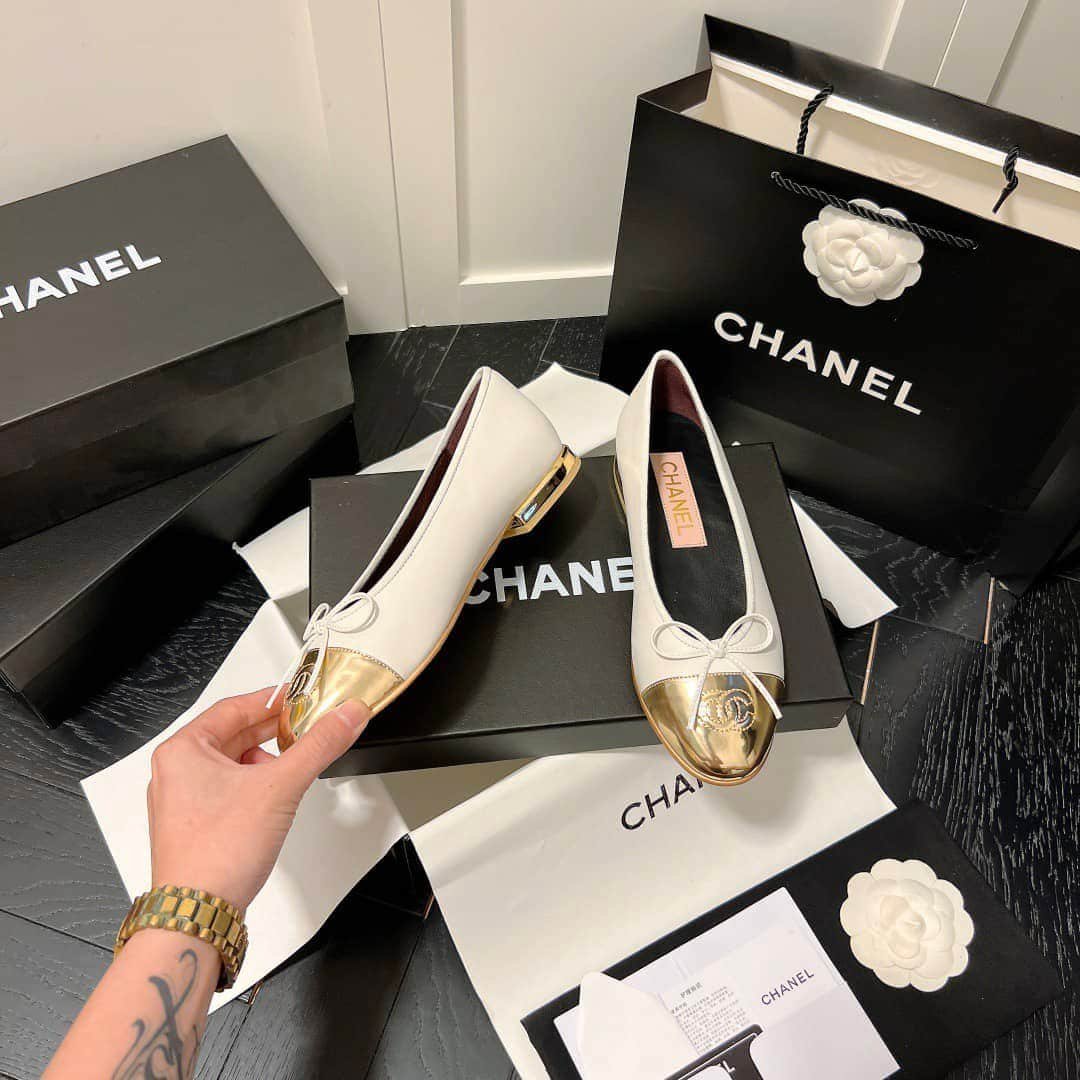 Ch**el Leather Cap Toe Ballet Flats White Gold