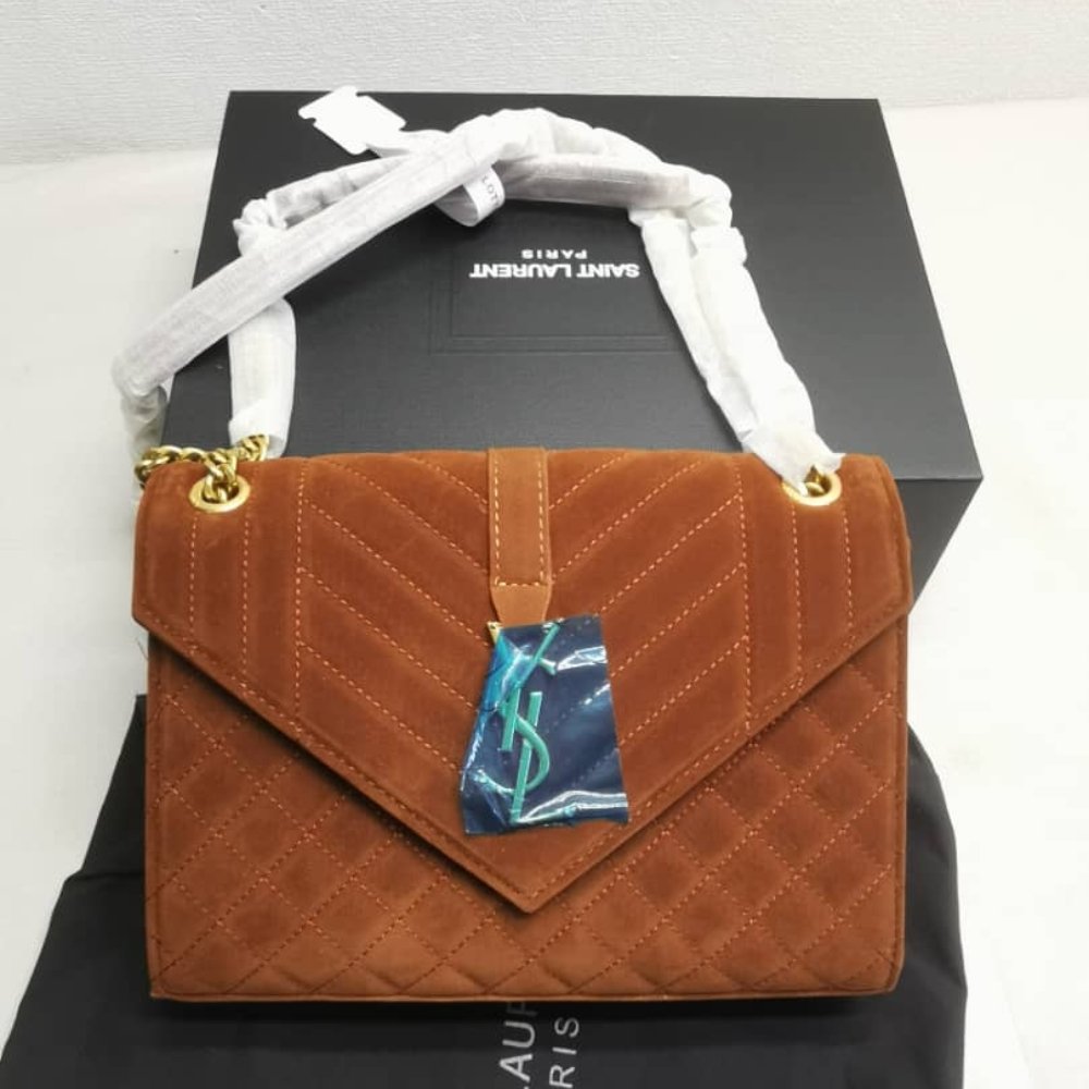 Sa1nt Lau*nt Envelope Medium Matelassé Suede Shoulder Bag Brown 24Cm