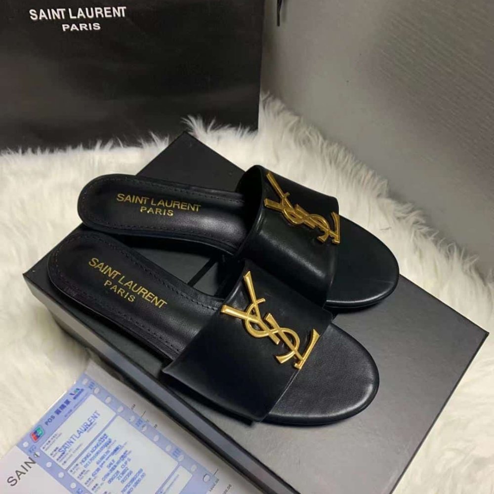 Sa1nt Lau*nt Logo Slippers Black