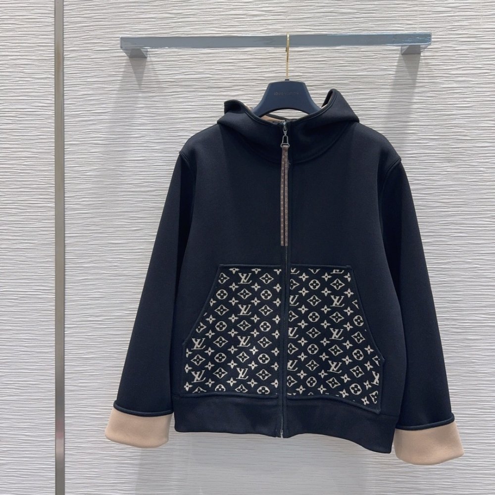 L0vis Vvtt0n Monogram Accent Zip Up Hoodie Black 1Ahzfa