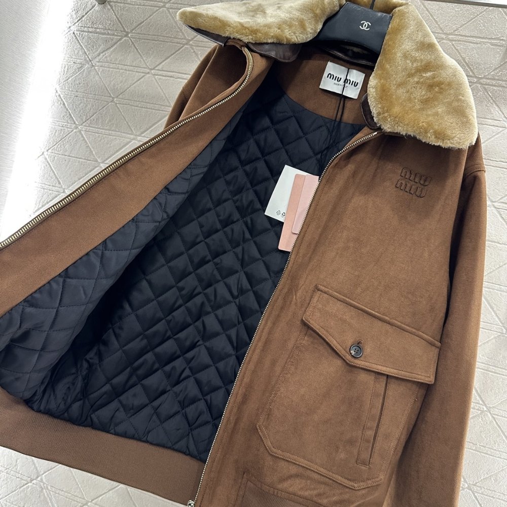 M1um1u Garment Dyed Wool Blouson With Shearling Collar Brown Ml1338 151I F0005 S Ooo