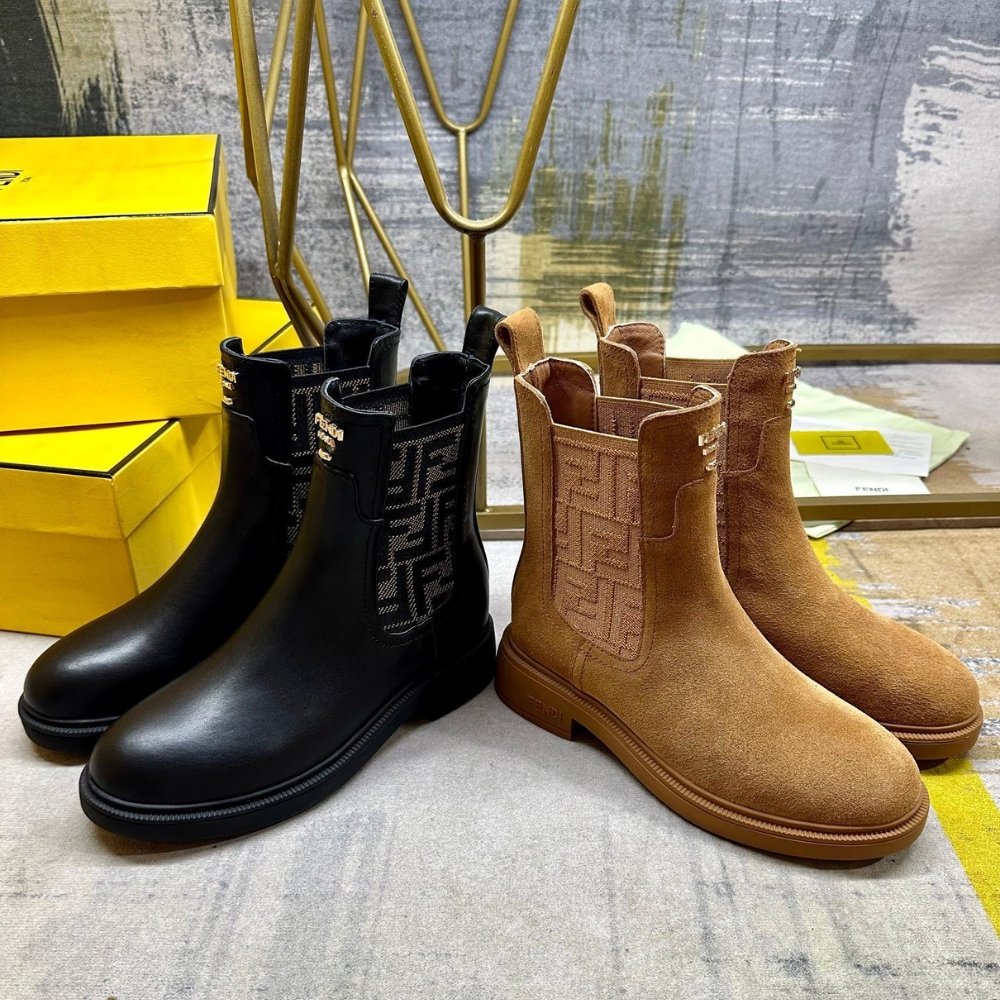 F**di Filo Boots Brown Leather And Ff Fabric Biker Boots 8T8576Ayf2F1Tyi
