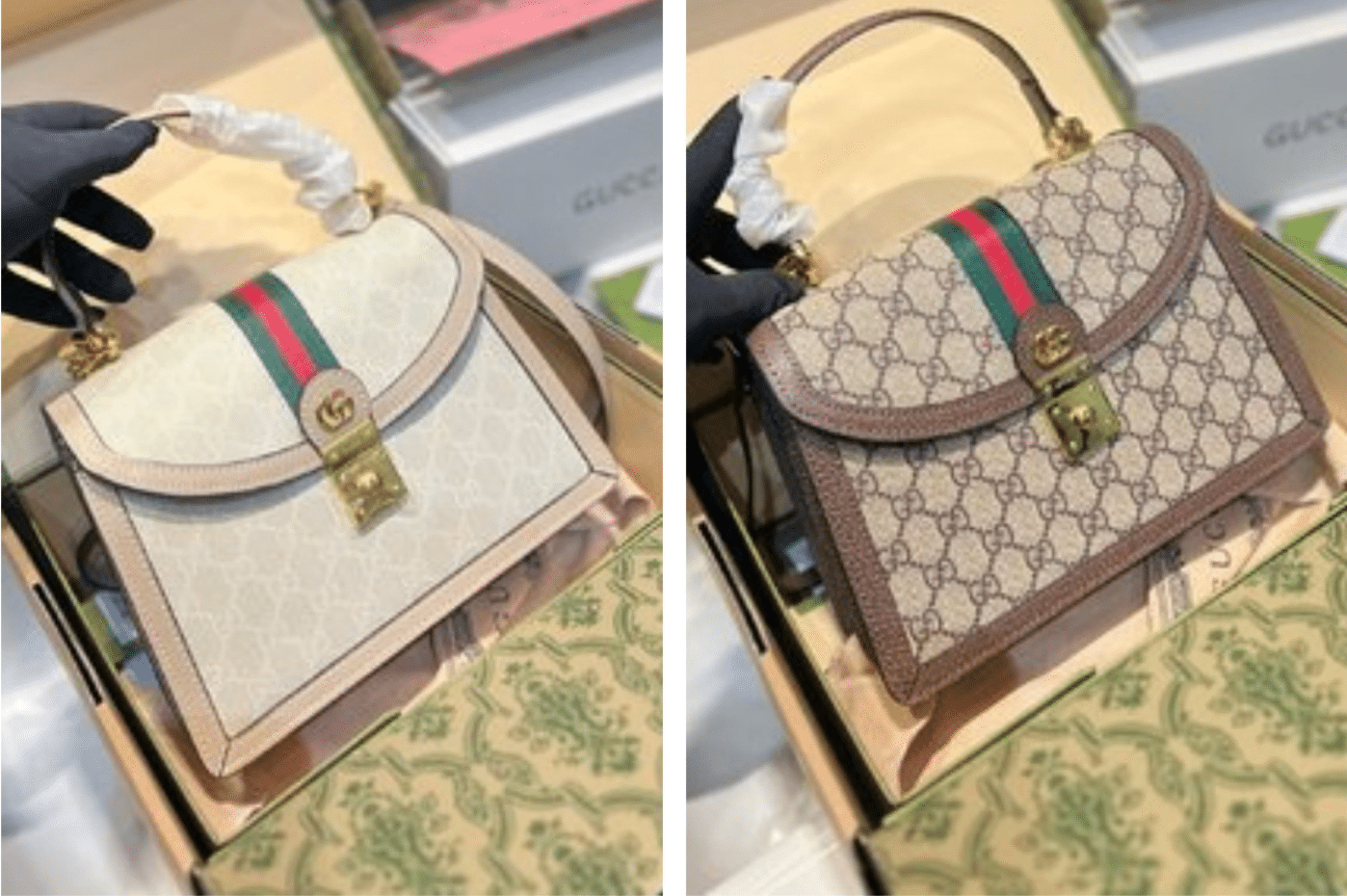 Gvc*1 Ophidia Medium Top Handle Bag Gg Svp*me Beige And White 25Cm 651055 Uulag 9682