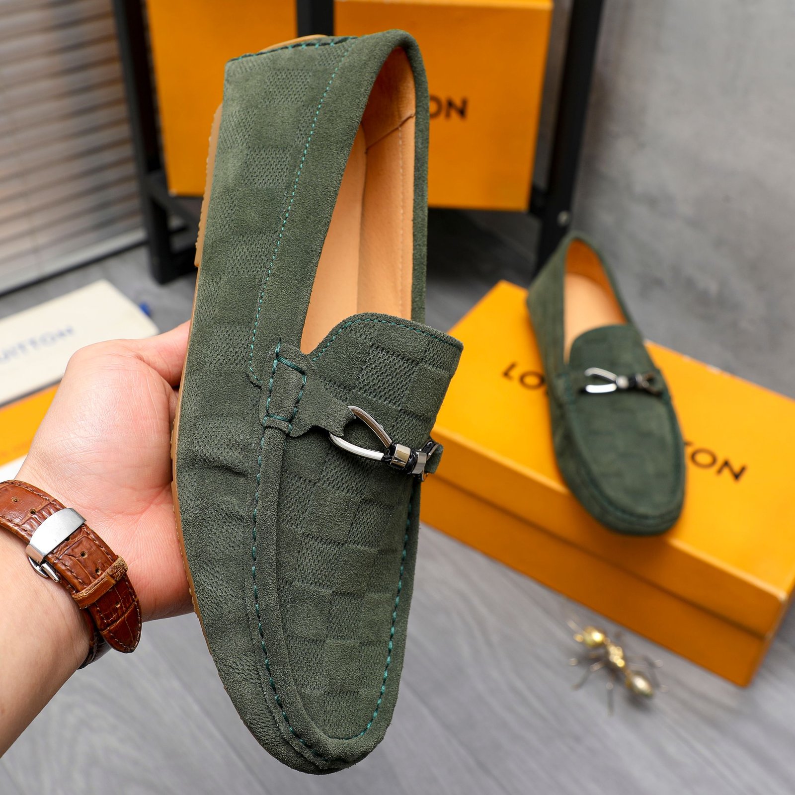 L0vis Vvtt0n Lv Damier Suede Leather Loafers In Dark Green