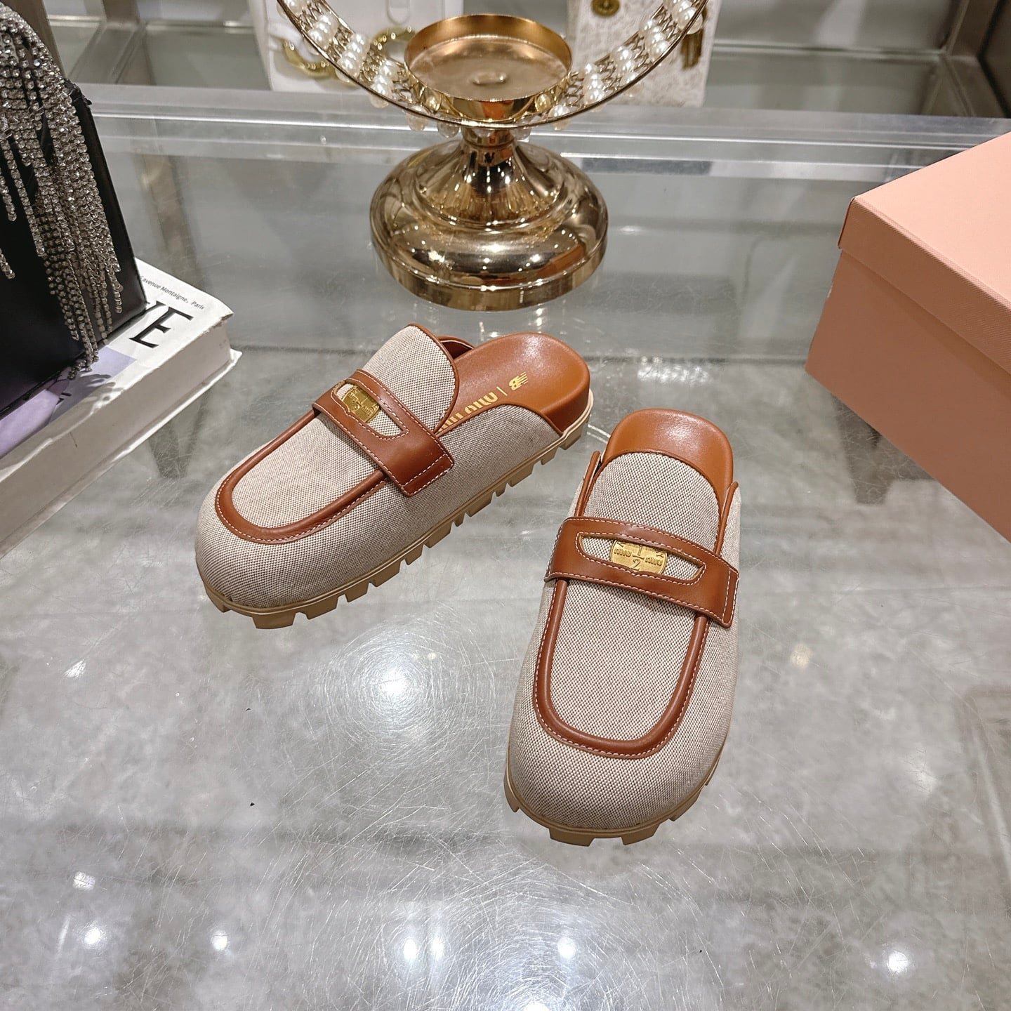 M1um1u Canvas And Leather Mules Beige 5D377E Q1D F062F F 010