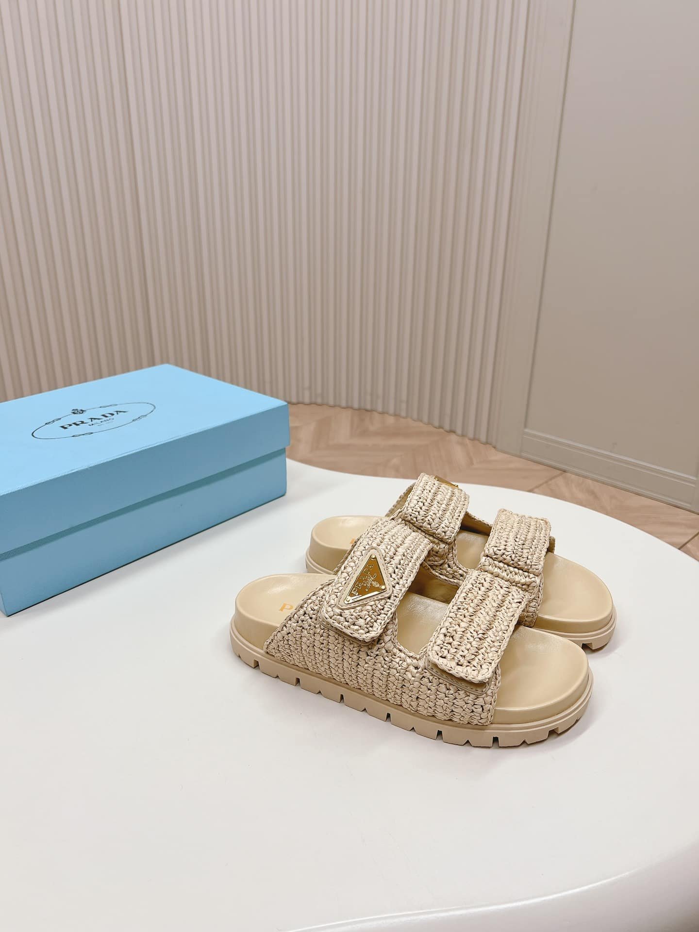 Pra*a Raffia Double Band Slide Sandals Beige 1Xx699 F020 2C2T F0018