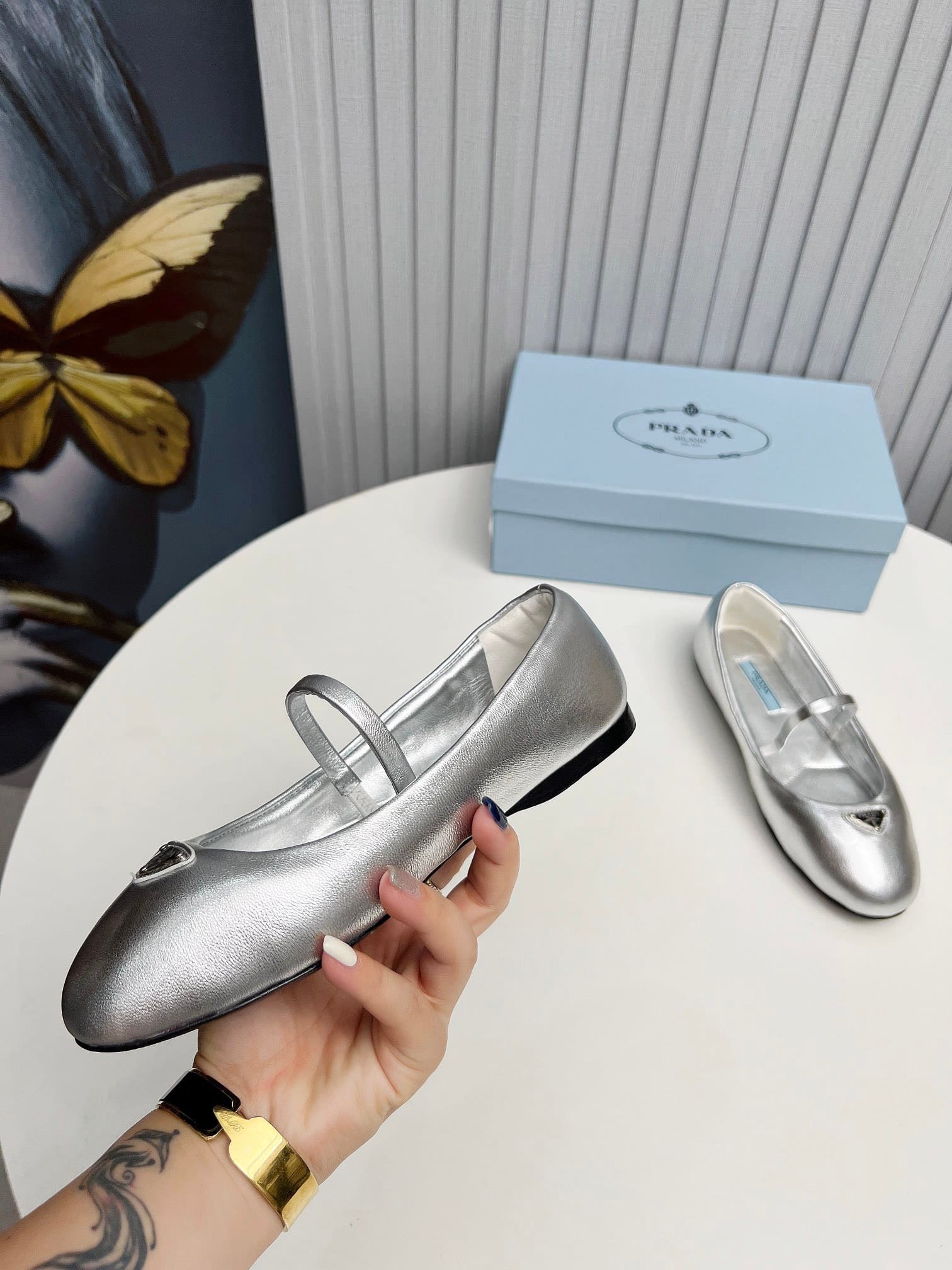 Pra*a Soft Padded Nappa Leather Ballerinas Silver
