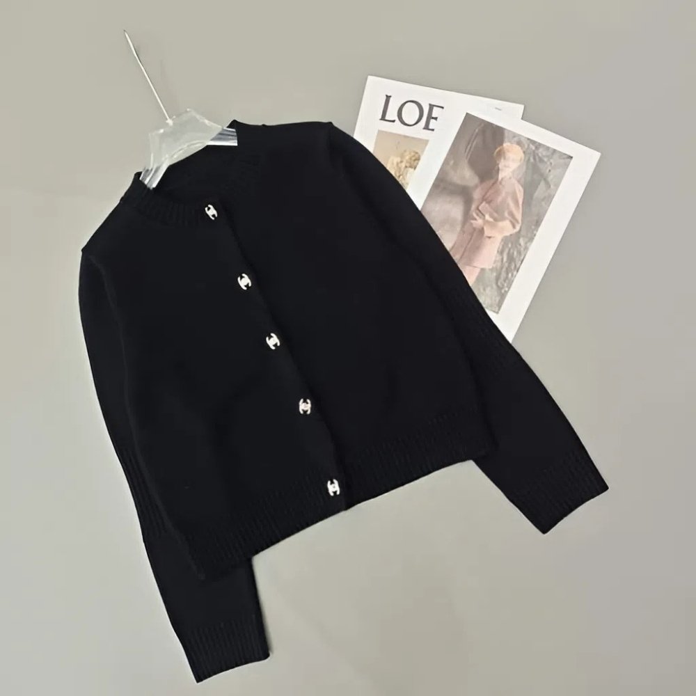 Ch**el Knit Wool Cardigan CC Logo Black