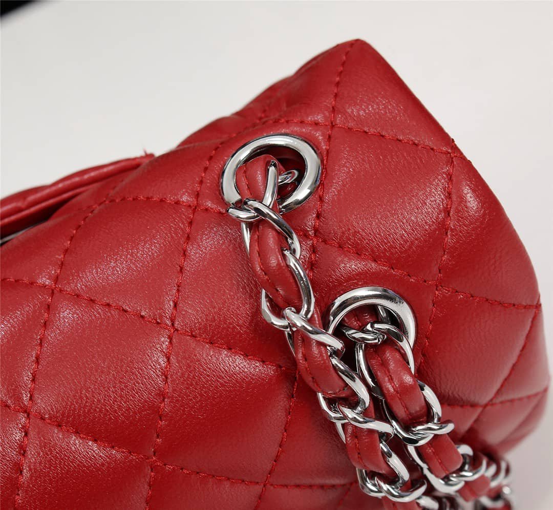 Ch**el Medium Classic Double Flap Red Silver Hardware 25.5Cm