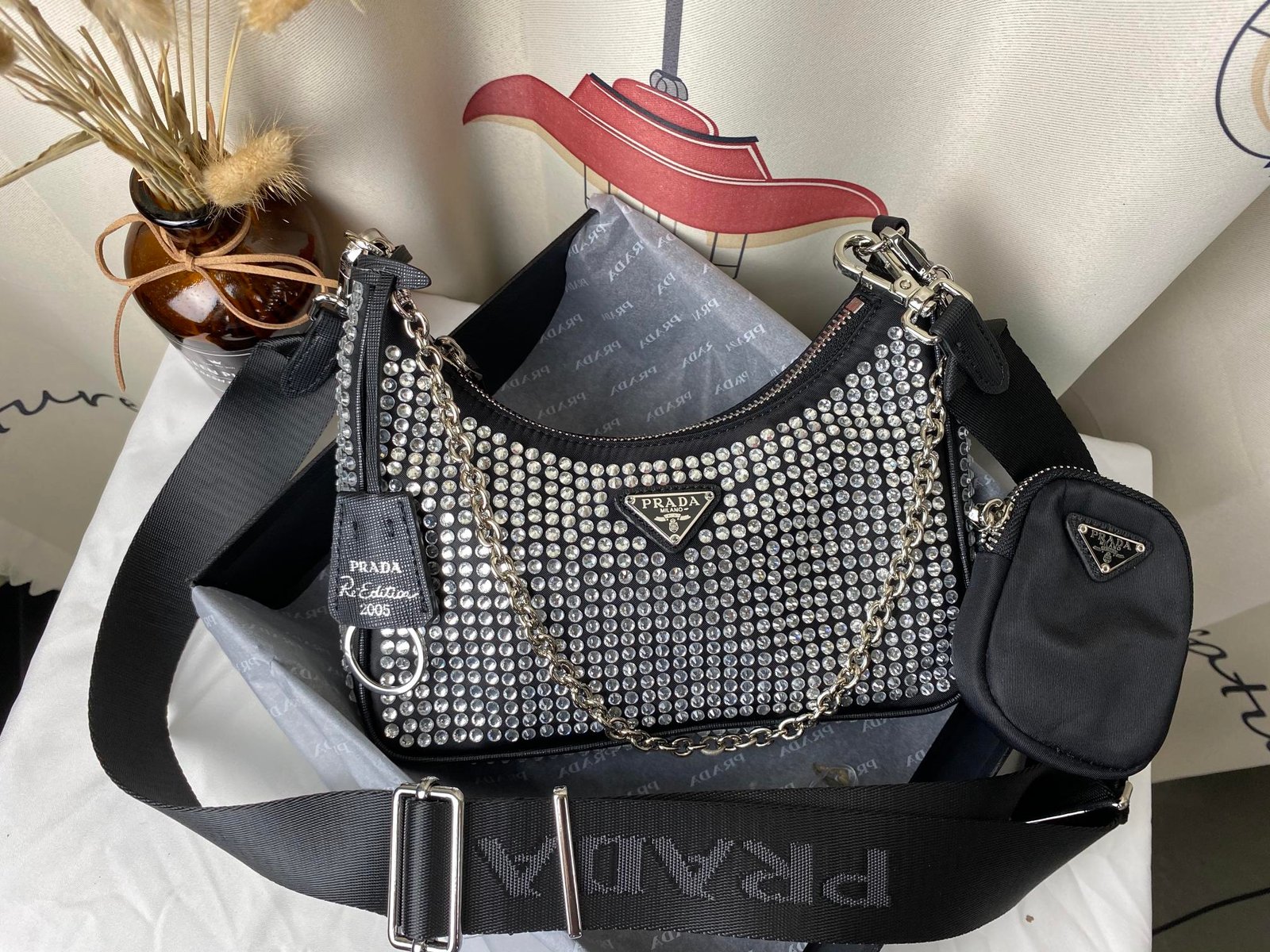 Pra*a Re Edition 2005 Satin Bag With Crystals 23Cm 1Bh204 2Awl F0T7O V V9L
