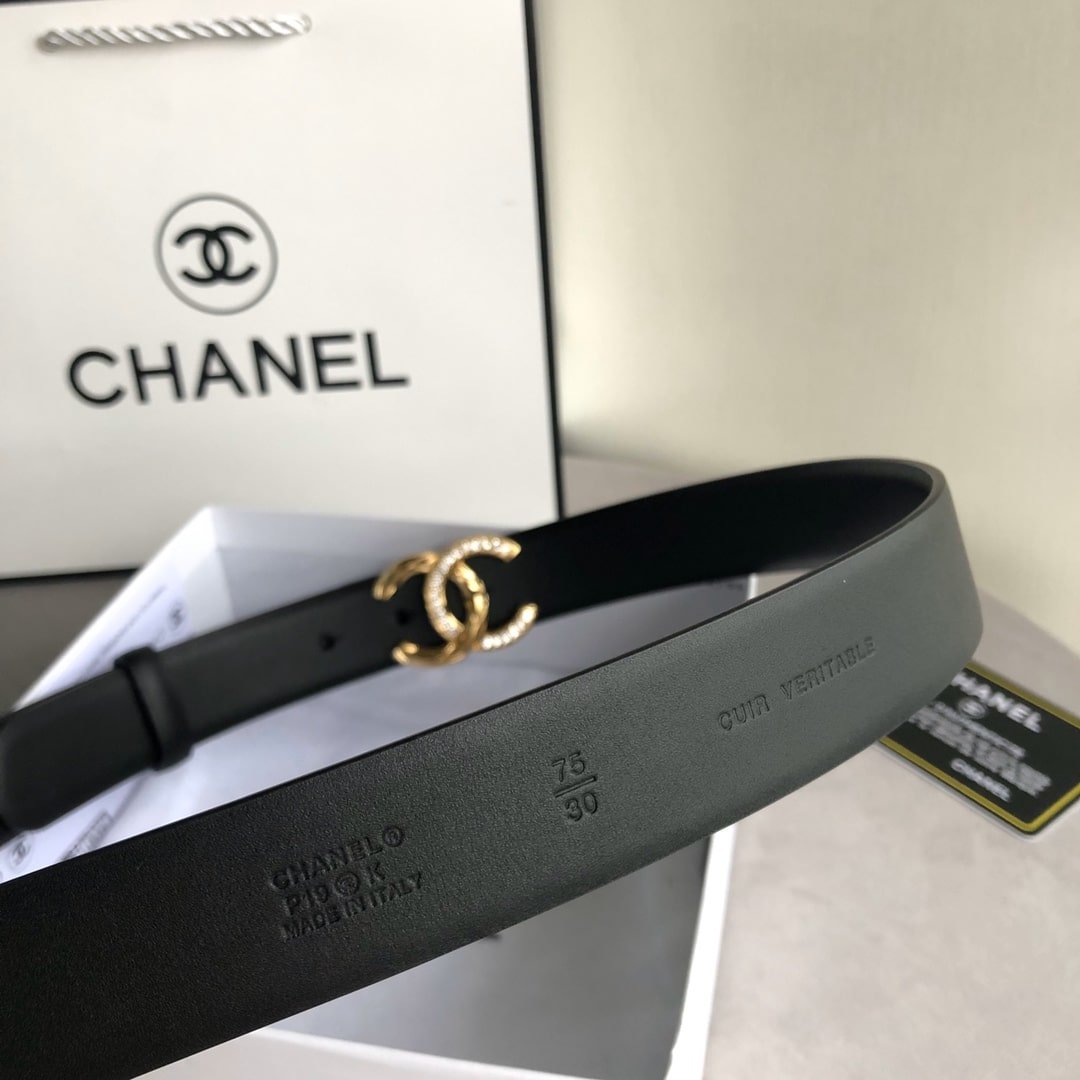Ch**el Leather Belt With Cc Pearl And Gold Tone Metal Black 3Cm